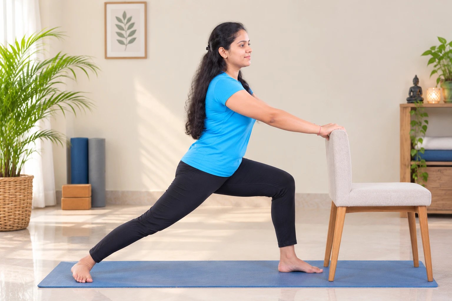A standing lunge held with both hands resting on the back of a chair for support