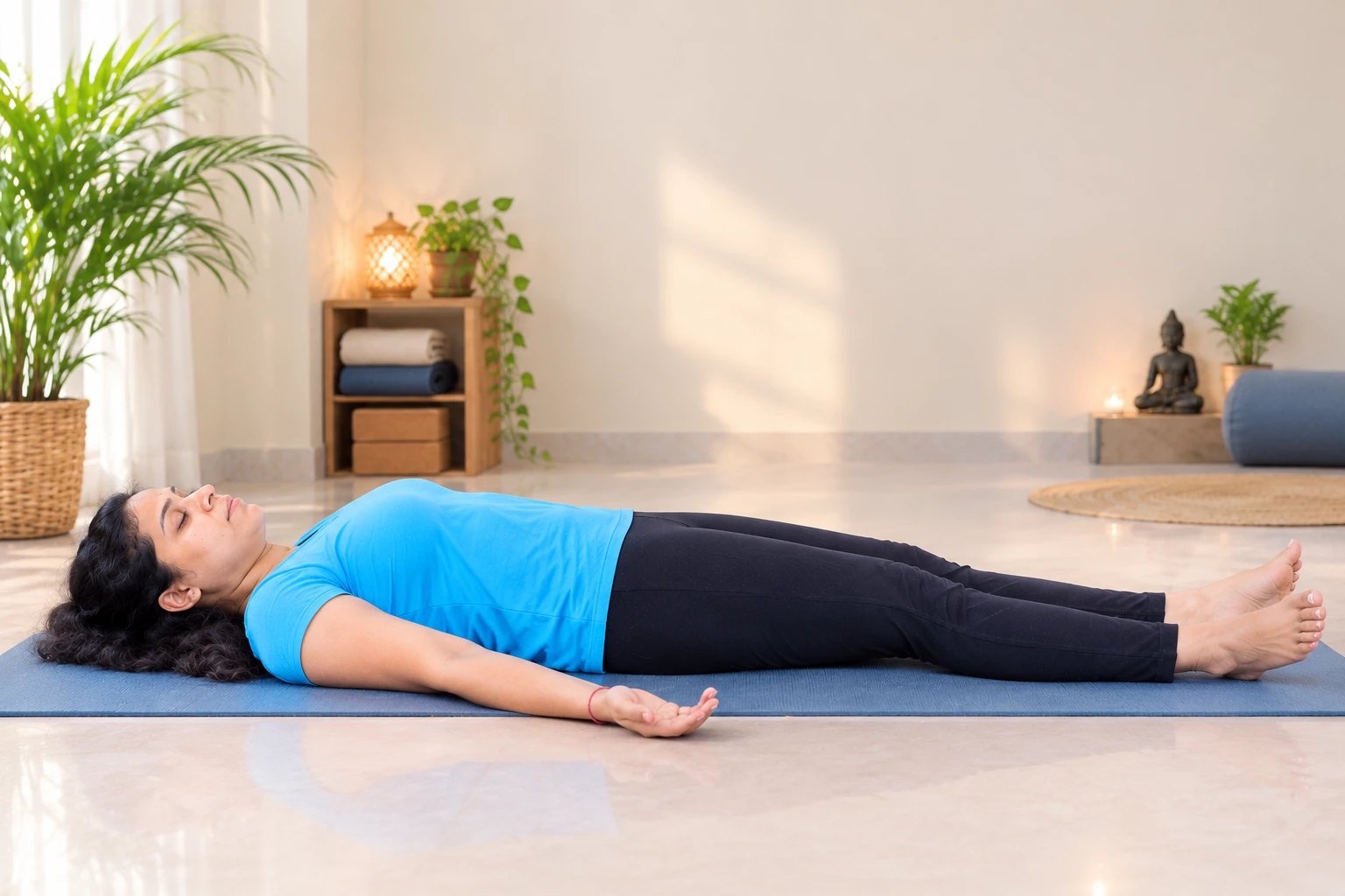 A woman lying flat on her back in savasana, arms by her sides, eyes closed