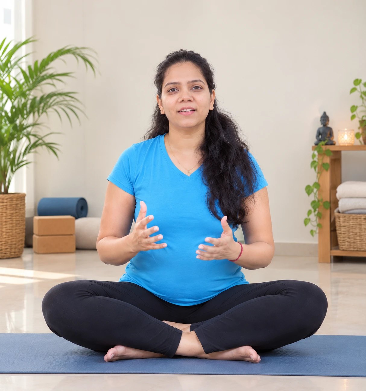 Renu Yadav seated cross-legged, explaining something to the camera